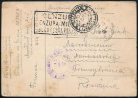 1919 Saját készítésű hadifogoly levelezőlap Franciaországból a már romániai Maroskeresztúra, több cenzúrabélyegzéssel / Handmade POW postcard from France, several censorships
