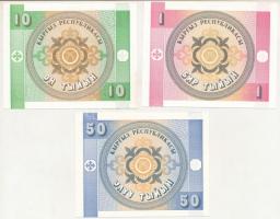 Kirgizisztán 1993. 1t + 10t + 50t T:UNC,AU
Kyrgyzystan 1993. 1 Tyiyn + 10 Tyiyn + 50 Tyiyn C:UNC,AU