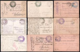 13 db I. világháborús tábori posta küldemény klf negatív alakulat cenzúra és tábori posta bélyegzésekkel / 13 World War I. postcards with negative postmarks