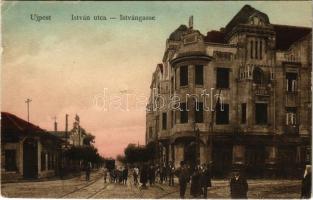 1916 Budapest IV. Újpest, István utca, villamos, Surányi Károly cukrászdája. Marton J. Kálmán kiadása (felületi sérülés / surface damage)