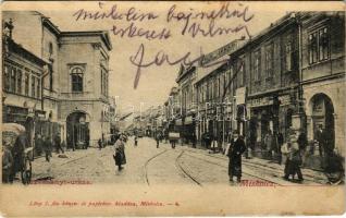 1903 Miskolc, Széchenyi utca, Herz Samu, Pick Jakab, Ungár József üzlete, villamos. Lövy J. fia kiadása (fl)