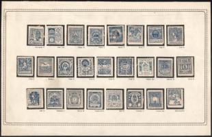1898 25 klf Turul pályázati bélyegterv kék színben, a tervező művészek nevével, papírlapra ragasztva / 25 different Turul essays in blue colour, glued on paper