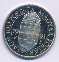 1991. 100Ft Cu-Ni "II. János Pál pápa látogatása" kapszulában T:PP folt, patina Adamo EM11...