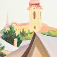 KEZ jelzéssel: Kisváros. Olaj, vászon. Dekoratív fakeretben. 50x40 cm