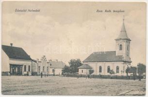 Halmi, Halmeu; Római katolikus templom, zsinagóga, Merza József üzlet / street view, Catholic church, synagogue, shop