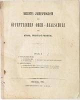 1857 Pozsony, Állami főreáliskola német nyelvű Iskolai értesítője (Siebentes Jahresprogramm der öffentlichen Ober-Realschule der königl. Freistadt Presburg). A reáliskola a Thun-féle szervezet szerint hatosztályú, a tanítás nyelve ekkor még kizárólag a német. Az intézet első igazgatója 1850-1862 között Pablasek Mátyás volt. 72 o. Papírkötésben, kissé foltos, kijáró lapokkal / Bratislava, school program in German languague