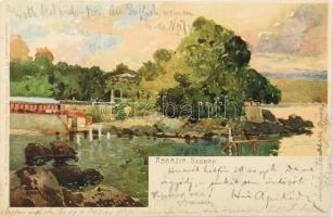 1902 Abbázia, Mahler Gyula (1866-1944) zsidó származású magyar orvosdoktor, Mahler Ede orientalista, és felesége, valamint Kézdi-Kovács László (1864-1942) festőművész, műkritikus által haza küldött képeslap. Abbazia Seebados festményt ábrázoló képeslapon.