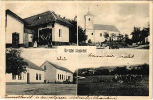 1932 Kicsind, Malá nad Hronom, Kicind; utcakép, üzlet, Római katolikus templom, Iskola, Garam parti részlet. Kiadja Jónás Goldstein / street view, shops, Catholic church, school, Hron riverside (fl)