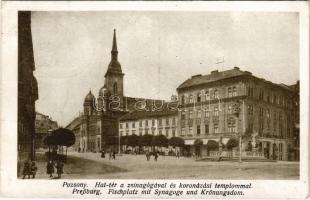 1918 Pozsony, Pressburg, Bratislava; Hal tér, zsinagóga, Koronázási templom, Korzó kávéház / synagogue, church, cafe