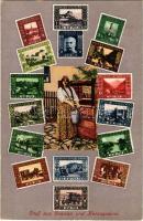 Bosnia and Herzegovina, Gruss aus Bosnien und Herzegowina / Montage with stamps and folklore. Simon Kattan Sarajevo (fl)