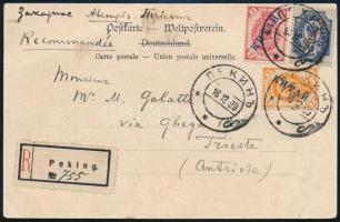 1909 Ajánlott képeslap Pekingből Triesztbe, RRR! / Registered postcard from Peking to Triest, RRR!