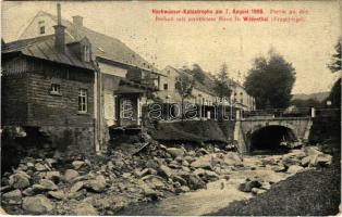 1908 Wildenthal (Eibenstock), Hochwasser-Katastrophe am 7. August 1908. Partie an der Bockau mit zerstörtem Haus in Wildenthal, Erzgebirge / flood catastrophe, destroyed house (EB)