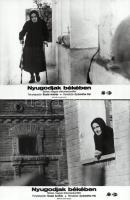 ,,Nyugodjak békében" című magyar film jelenetei és szereplői, 5 db vintage produkciós filmfotó (vitrinfotó, lobbyfotó) ezüst zselatinos fotópapíron, a használatból eredő (esetleges) kisebb hibákkal, 18x24 cm