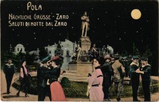 Pola, Pula; Nächtliche Grüsse, K.u.k. Kriegsmarine Matrosen / Saluti di Notte dal Zaro / Tegetthoff monument at night, montage with Austro-Hungarian Navy mariners. G. Costalunga (fl)