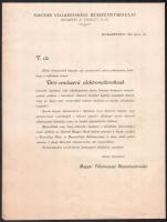 1904 Magyar Villamossági Részvénytársulat üzleti levelének korabeli másolata a Déri-rendszerű elektromotorok felvonókban történő felhasználásának tárgyában, hivatkozva Alpár Ignác építész, Meinig Artúr és Quittner Zsigmond műépítészek Magyar Villamossági RT.-hez címzett levélmásolata, valamint Jegyzék azon épületekről, ahol váltakozó áramú felvonók működnek. Színes nyomat, 4 sztl. oldal, 46x23cm