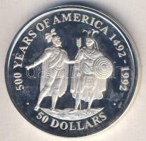 Cook szigetek 1990. 50$ Ag "Amerika 500 éve-Cortez és Montezuma" T:PP