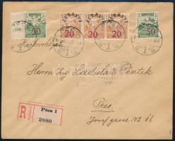 Baranya II. 1919 Ajánlott cenzúrázott Pécs helyi levél 5 db felülnyomott bélyeggel / Registered censored local cover with 5 stamps PÉCS Signed: Bodor