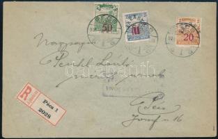 Baranya II. 1920 Ajánlott cenzúrázott Pécs helyi levél 3 db felülnyomott bélyeggel / Registered censored local cover with 3 stamps PÉCS Signed: Bodor