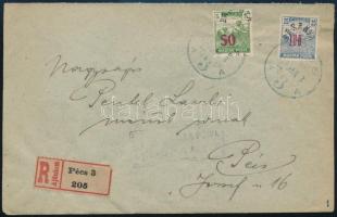 Baranya II. 1920 Ajánlott cenzúrázott Pécs helyi levél 2 db felülnyomott bélyeggel, az egyik látványosan elcsúszott felülnyomással / Registered censored local cover with 2 stamps, 1 with shifted overprint PÉCS. Signed: Bodor