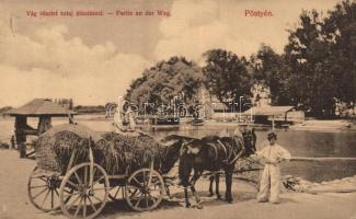 Pöstyénfürdő Vág river with cart on a raft and folkwear