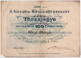 Kőszeg 1911. Kőszegi Hitelszövetkezet törzsjegye 100K-ról szárazpecséttel, szelvényekkel T:VG folt, sarokhiány