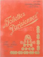 1911 "Toilettes Parisiennes" különkiadása Párizsi és Bécsi modellekkel, Atelier Bachwitz Journal Special pour Modeles de Paris et Vienne, francia feliratos barnásvörös, vastag borítóban, dombornyomott betűkkel, Atelier Bachwitz cégjelzéssel / jelmondattal, kiállítási érmekkel; XII.évf./No.143; színes/fekete-fehér divatrajzok német és francia nyelvű leírással + mell. (1 p. magyar nyelvű divattudósítás / divatminták leírásával, No.143) + mell. (1 p. komplett - német, francia, angol nyelvű - szabásrajz melléklet No.143, selyempapír; m:108x145cm); kis szakadások, helyenként kissé foltos