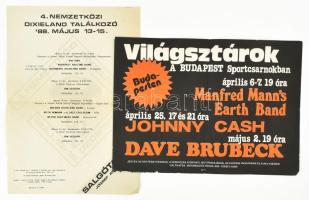 2 db zenei kisplakát: Világsztárok a Budapest Sportcsarnokban - Manfred Mann's Earth Band, Johnny Cash, Dave Brubeck. Egyik széle kissé sérült, 21x29 cm + 1988 4. Nemzetközi Dixieland Találkozó, Salgótarján, József Attila VMMK. 29x20,5 cm