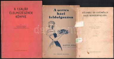 Kapitán Mária 3 műve:   A család élelmezésének könyve. [Bp.,1941.], Szerzői,(Bp., Európa-ny.), 78 p. Kiadói papírkötés, szakadt borítóval, foltos, benne jegyzetlapokkal.;   A sertés házi feldolgozása. [Bp.,1941).], Szerzői,(Bp., Hungária), 32 p. Kiadói papírkötés, a borító szakadt, az elülső borító felső sarkán hiánnyal, bejelölésekkel.;   Zöldség és gyümölcs házi konzerválása. Bp., 1944, Szerzői,(Ladányi-ny.), 62+1 p. Kiadói papírkötés, hiányos, sérült borítóval, javított gerinccel, foltos lapokkal.