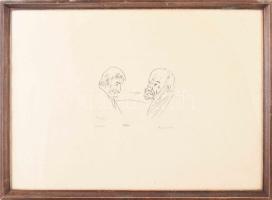 Borsos Miklós (1906-1990): Beszélgetés. Rézkarc, papír, jelzett, számozott (76/100), üvegezett faker...