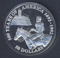Cook-szigetek 1992. 50$ Ag "Amerika 500 éve-Pedro Mendes de Auiles" T:PP