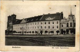 1915 Szakolca, Uhorská Skalica (Nyitra); Kir. katolikus főgimnázium. Prikarszky Nándor kiadása / Catholic grammar school + "SZAKOLCZA - POZSONY 173. SZ." vasúti mozgóposta bélyegző (fl)