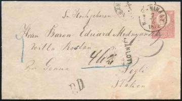 1874 5kr díjjegyes levél, Réznyomat 4 x 5kr kiegészítéssel NAGY-MIHÁLY - PEGLI (Olaszország)