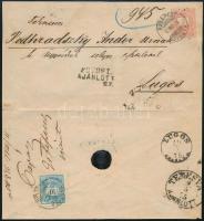 1875 5kr díjjegyes ajánlott levél, 10kr kiegészítéssel (korai felhasználás) BUDAPESt / FŐPOSTA - LUGOS / KRASSÓ.M.