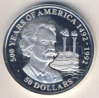 Cook-szigetek 1990. 50$ Ag "Amerika 500 éve-Mark Twain és a Mississippi gőzhajó" T:PP