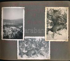 1942 Vadászalbum, vadászzsákmány, vadászmadarak, vadászok, stb., 59 db beragasztott, feliratozott fo...