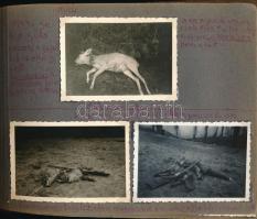1942 Vadászalbum, vadászzsákmány, vadászmadarak, vadászok, stb., 59 db beragasztott, feliratozott fo...