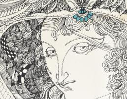 Szász Endre (1926-2003): Hölgy rókával. Szitanyomat, papír, jelzett. 42x59 cm. Lap széle kissé folto...