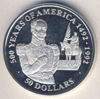 Cook szigetek 1990. 50$ Ag "Amerika 500 éve-Simon Bolivar" T:PP