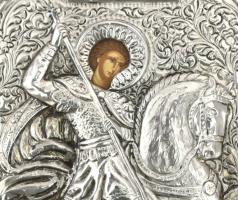 Sárkányölő Szent György. Modern ikon, ezüst (Ag) okláddal, jelzett, kopással, 27x22 cm