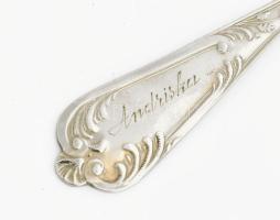 Antik alpakka egyszemélyes evőeszköz szett, tulajdonosi jelzéssel, díszdobozban