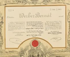 1888 Pest, Chevra-Kadisa egyleti taggá való felvételről szóló háromnyelvű oklevél Werber Bernát rész...