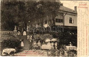 1903 Budapest II. Hűvösvölgy, Holzspach-féle vigadó az Orvvadászhoz télen is nyitva, étterem kertje. Medek R., Ifj. Holzspach Nándor kiadása (kis szakadás / small tear)