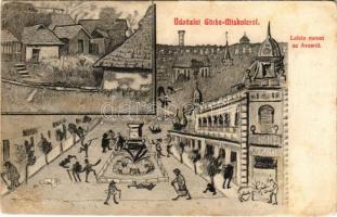 1908 Miskolc, (Görbe-Miskolc), Lefelé menet az Avasról, gyógyszertár. Grünwald Ignác kiadása - humoros rajz (fl)