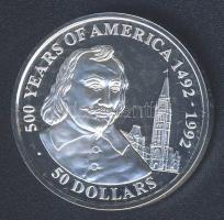 Cook-szigetek 1990. 50$ Ag "Amerika 500 éve-Samuel de Champlain" T:PP