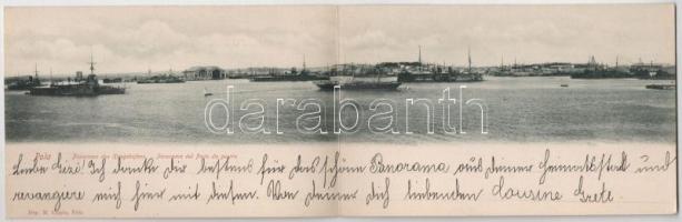 1904 Pola, Pula; K.u.K. Kriegsmarine, Kriegshafen. Dep. M. Clapis / osztrák-magyar haditengerészeti kikötő és hajógyár, hadihajók. 2-részes kihajtható panorámalap / Austro-Hungarian navy port and shipyard, battleships. 2-tiled folding panoramacard (fl)