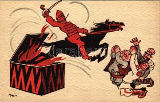 Humoros világháborús grafikai lap. Magyar krampusz huszár az Antant hatalmak ellen. Magyar Földrajzi Intézet Rt. kiadása / WWI Anti-Triple Entente propaganda card, Austro-Hungarian (K.u.K.) Krampus hussar s: Biró