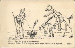 Petár király és magyar baka - I. Péter szerb király, humoros karikatúra, szerbellenes propaganda / WWI Anti-Serbian mocking propaganda, military caricature of Peter I of Serbia s: Kertész (EK)