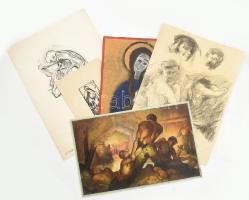 Vegyes grafika tétel, össz. 5 db: Székely Alex (1901-1968): A halál: pirkadat, 1947. Tus, papír. Jelzett. 30x21 cm. + Jelzés nélkül: Mária gyermekével. Vegyes Technika, karton. 24x18 cm. Hátoldalán Kondor B. és M. Chagall feliratokkal. stb,