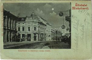 1899 (Vorläufer) Miskolc, Erzsébet tér, Széchenyi utca, Bumsch Béla, Krausz Lajos és Lichtmann Lipót üzlete, gyógyszertár, este. Lövy József fia kiadása (EK)