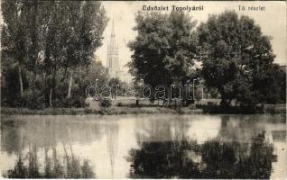 1914 Topolya, Bácstopolya, Backa Topola; tó részlet és templom. Hajtman és Konc kiadása / lake and church (fl)